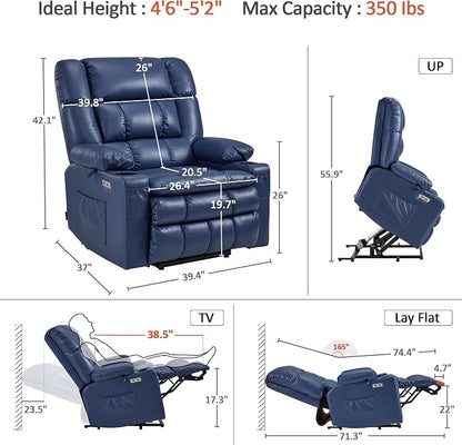 MCombo Small Dual Motor Power Lift Recliner Chair for Elderly, Zero Gravity Lift Chair with Heat and Massage, Lay Flat Recliner for Petite, USB Ports, Faux Leather R7894 (Small-Wide, Blue)