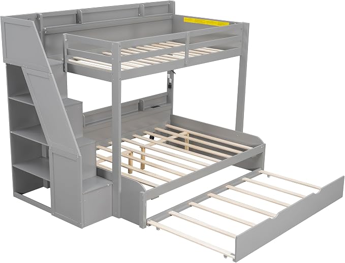 RUNNA Twin Over Full Bunk Bed with Trundle,Storage Stairs,USB Grey | Twin over full bunk bed with trundle, storage stairs, shelves, USB, solid pine wood, guardrails, no box spring needed