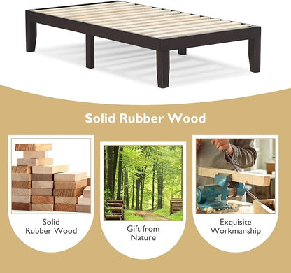 COSTWAY Twin Size Platform Bed Frame, 14 Inches Solid Rubber Wood Bed Mattress Foundation with Sturdy Slats Support, Easy Assembly Bed Frame for Home Hotel, No Box Spring Needed (Espresso, Twin)