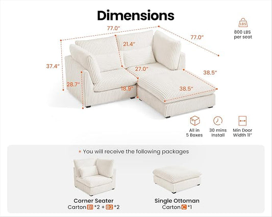 77" Oversized Corduroy Couch Modular Sectional Sofa, Washable Cloud Couch Sectional with Ottoman, 3 Seater Sectional Couches for Living Room, Fully Cover Removable, L Shaped, Corduroy, White
