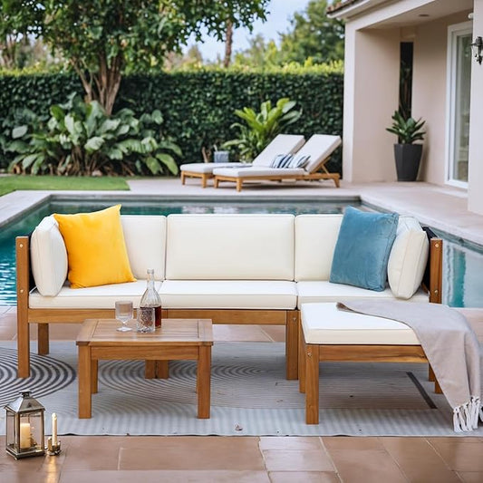 Greesum 5 Pieces Small Patio Sofa, Acacia Wood Outdoor Conversation Sets with Tea Table for Garden Porch and Backyard, Beige