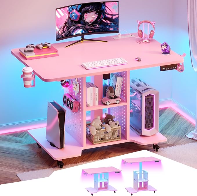 SEDETA Small Standing Gaming Desk, 31.5" Rolling Computer PC Desk Electric Height Adjustable with Power Outlet, Pegboard & Storage Shelves, LED Light, for Small Spaces/Bedroom/Gaming/Girl Room, Pink