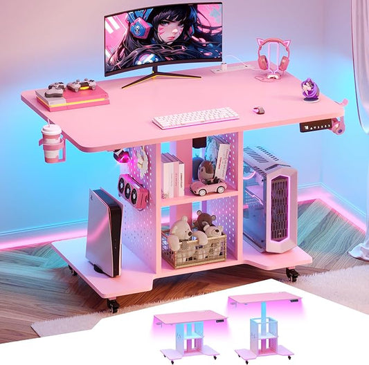 SEDETA Small Standing Gaming Desk, 31.5" Rolling Computer PC Desk Electric Height Adjustable with Power Outlet, Pegboard & Storage Shelves, LED Light, for Small Spaces/Bedroom/Gaming/Girl Room, Pink