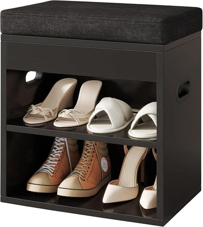 YMYNY Small Shoe Storage Bench with Cushion and Drawer, 2 Tier Adjustable Entryway Bench with Storage, Wooden Shoe Rack Bench for Entryway, Living Room, Hallway, Closet, Bedroom, Black, HSC002B