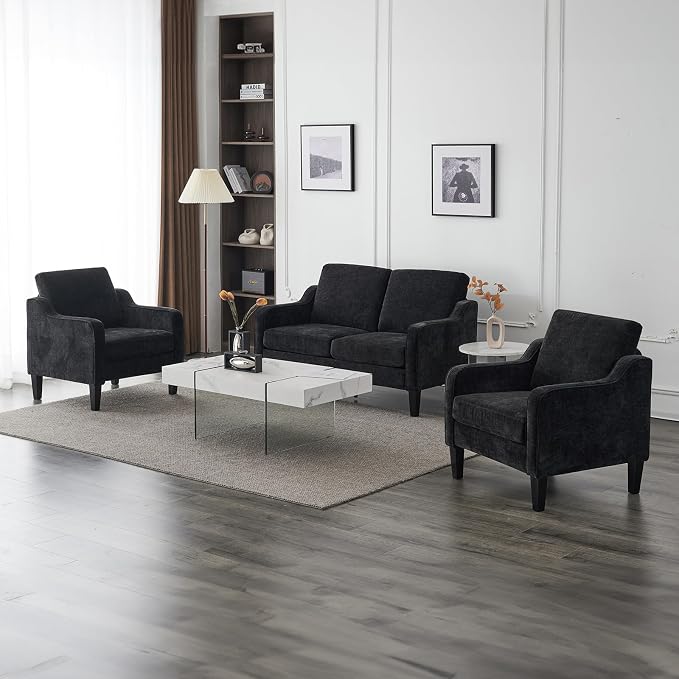 VINGLI Mid-Century Modern Loveseat Sofa Couch, Living Room 53" Love Seat 2 Seater Upholstered Comfy Couches with Scooped Armrest for Small Spaces, Dorm, Bedroom, Apartment, Office (Black)