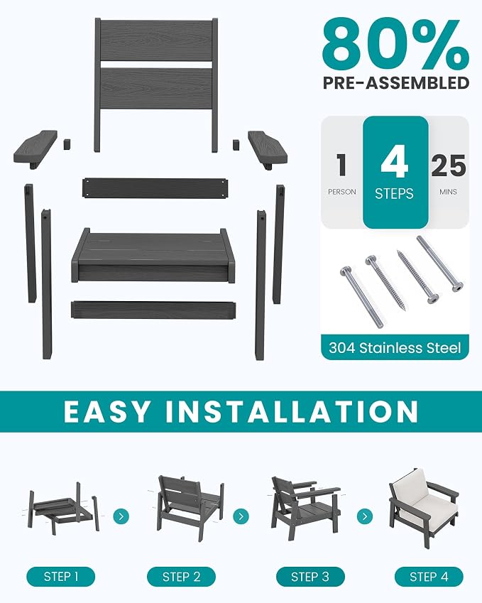 SERWALL HDPE Outdoor Couch Set of 2, All-Weather Wood-Like Patio Furniture Set, Outdoor Sofa Chairs with Khaki Cushions