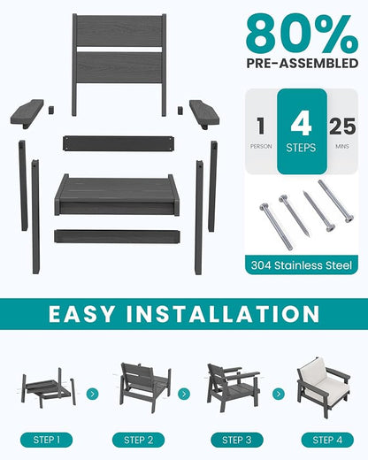 SERWALL HDPE Outdoor Furniture Set, 7 Piece All Weather Wood-Like Outdoor Sofa Sectional Couch, Grey Patio Furniture Set with Khaki Cushions