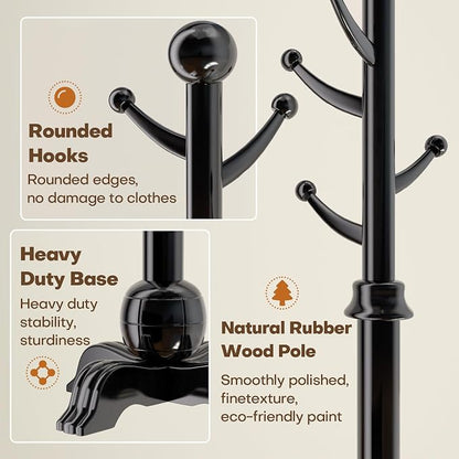 Hall Tree, Freestanding Wood Tree Rack with 7 Hooks, Coat Rack with Stable Sphere Base, Wooden Coat Rack Stand, Load 210 lb, Coat Hanger Stand for Entryway, Hallway, Bedroom (Black)