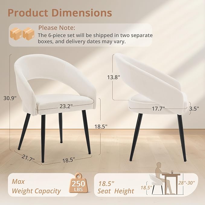 LUE BONA Modern Dining Chairs Set of 6, Upholstered Armrest Side Chairs for Kitchen & Dining Room, 18.5" Seat Height, Comfortable Curved Hollow Backrest, Black Metal Legs, Easy Assembly, Beige
