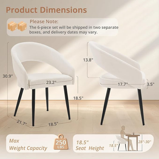 LUE BONA Modern Dining Chairs Set of 6, Upholstered Armrest Side Chairs for Kitchen & Dining Room, 18.5" Seat Height, Comfortable Curved Hollow Backrest, Black Metal Legs, Easy Assembly, Beige