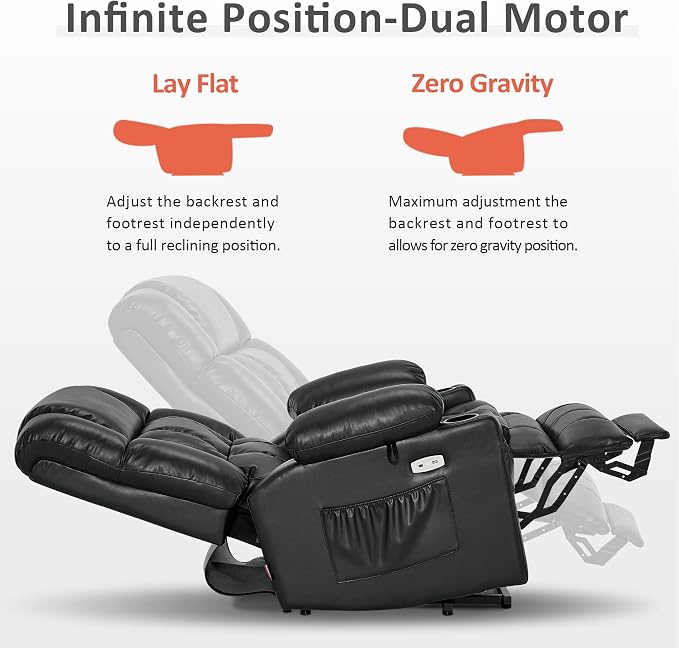 MCombo Large Dual Motor Power Lift Recliner Chair for Elderly, Zero Gravity Lift Chair with Heat and Massage, Infinite Position Lay Flat Recliner, USB Ports, Faux Leather 7896 (Black, Large)