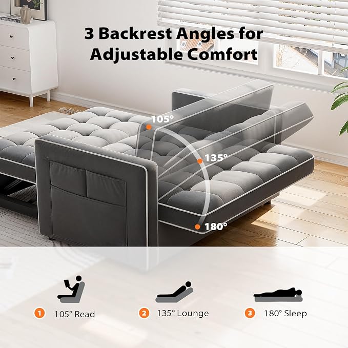 Pipishell 3 in 1 Sleeper Sofa Bed, Pull Out Couch with USB & Type-C Ports, Deep Seat Convertible Loveseat Sofa, Adjustable Backrest, Side Pockets, Velvet Futon Couch for Living Room, Grey