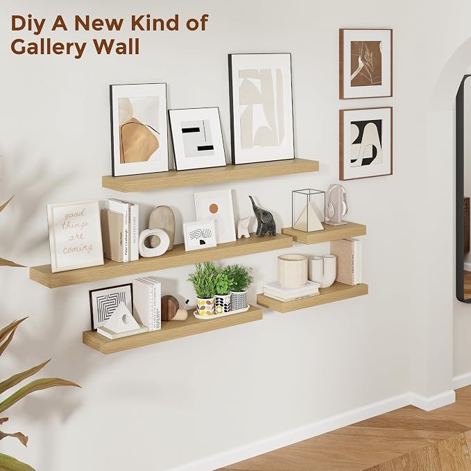 Heimlove 32 Inch Floating Shelves for Wall Oak Shelves Set of 2,Wall Mounted Rustic Wood 8 Inch Deep Floating Shelf with Invisible Brackets for Bedroom Kitchen Living Room
