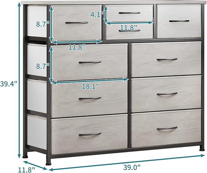 LUMTOK 10-Drawer Dresser, Fabric Storage Tower with Drawers for Bedroom, Dresser Drawer with Handle for Bedroom, Living Room, Hallway, Closets & Nurseryteel Frame, Wood Top (10 Drawer/Greige)