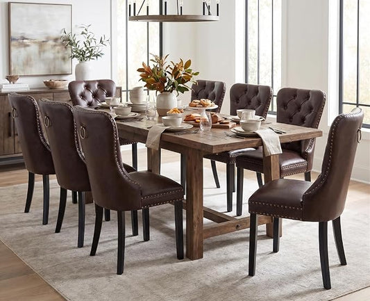 CIMOTA Dark Brown Leather Dining Chairs Set of 8 Mid Century Modern Dining Room Chairs Tufted Upholstered Kitchen Dining Chairs Comfortable Side Chairs with Nailhead Trim/Ring Back (PU Espresso/8PCS)