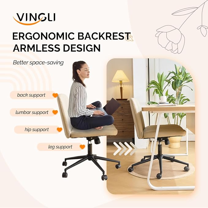 VINGLI Criss Cross Legged Chair,Wide Comfy Office Desk Chair,Dual-Use with/no Wheels Computer Task Chair,Swivel Armless Vanity Rolling Chair for Study,Make Up,Home Office,Cat Scratch PU Leather,Khaki