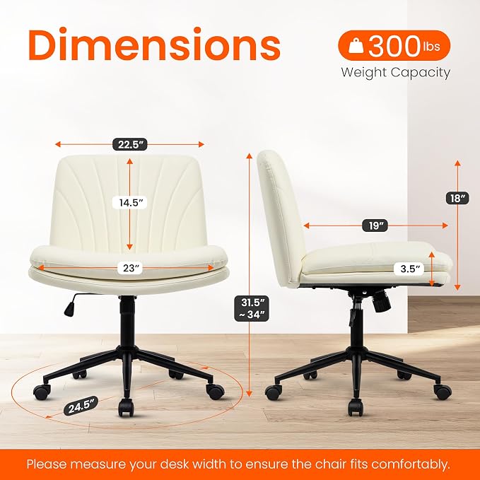 Orange Factory Criss Cross Chair with Wheels Comfy Wide Vanity Desk Chair Dual Base Leather Armless Adjustable Swivel for Home Computer Task (Beige Pu, Faux Leather)