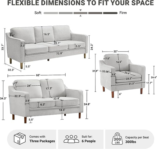 Kingfun 3-Piece Sofa Set for Living Room, Mid Century Modern Couch with Loveseat and Chair, Chenille, Solid Wood Frame