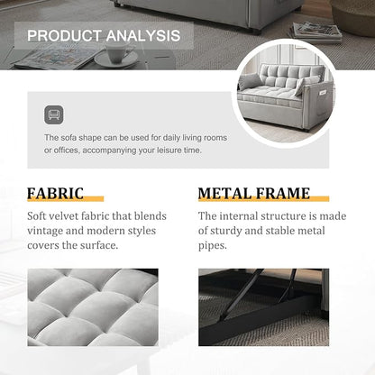 3-in-1 Loveseat Sleeper Sofa, Modern 55.5" Pull Out Couch, Velvet Upholstered Futon Sofa Bed with Adjustable Backrest, Convertible Sofa Bed with Storage Pockets for Living Room(Light Grey)