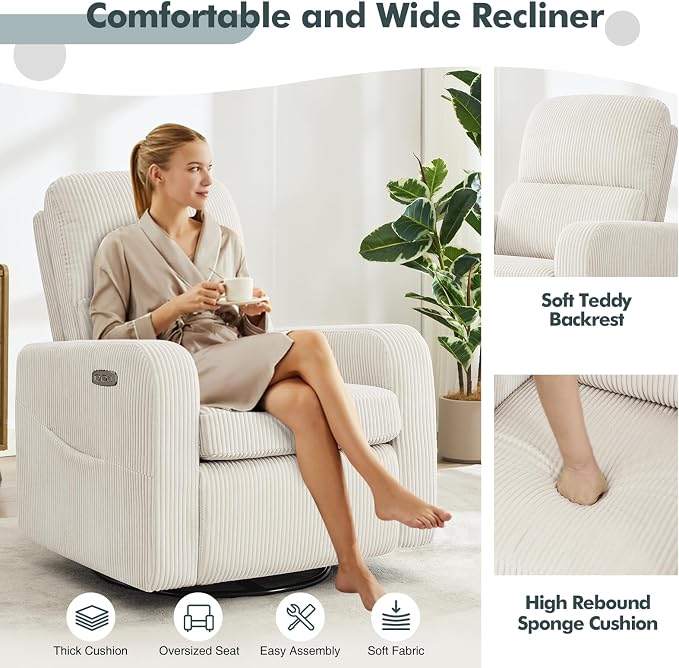 Swivel Rocker Recliner, Oversized Power Recliner Glider with Removable Cushion, Upholstered Corduroy Swivel Reclining Nursery Chairs for Living Room Bedroom, Cream White