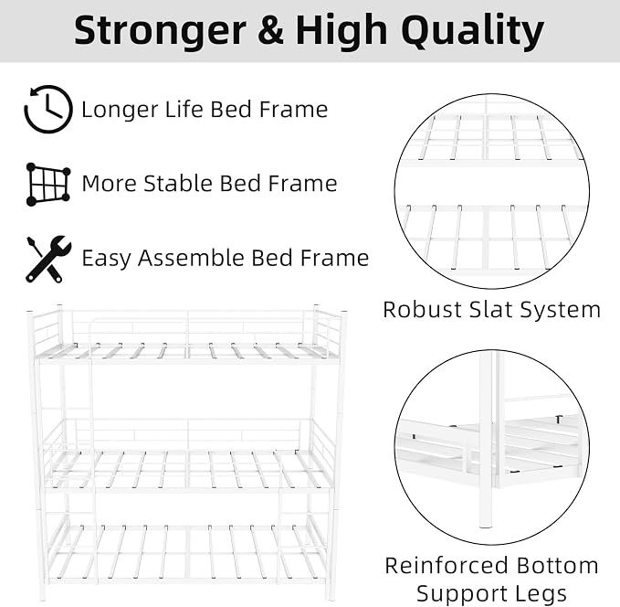 Triple Bunk Bed, Heavy Duty Twin Over Twin Over Twin Metal Bunkbeds with Guardrails, Ladder, 3 Bunk Beds, Bedroom, No Box Spring Needed, Easy Assembly,White
