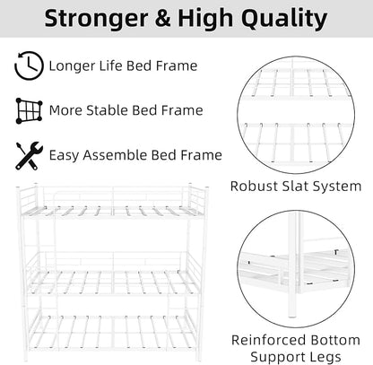 Triple Bunk Bed, Heavy Duty Twin Over Twin Over Twin Metal Bunkbeds with Guardrails, Ladder, 3 Bunk Beds, Bedroom, No Box Spring Needed, Easy Assembly,White