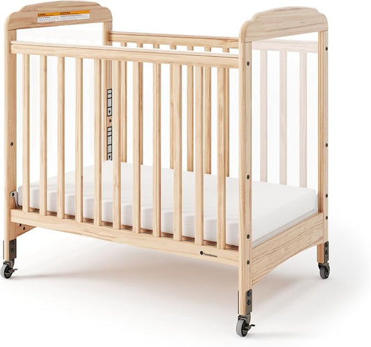 Foundations Serenity Compact Clearview Daycare Crib, Fixed Side, Durable Wood Construction, Adjustable Mattress Board, Clear End Panels. Includes 3” InfaPure Foam Mattress (Natural)