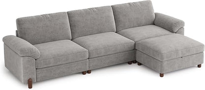SITJOY Large Cloud Couch, 118" Wide 3 Seater L Shape, Light Gray Chenille | Detachable and Washable Chenille Cover Sectional Sofas for Living Room, Deep Seat Wide Couch with Chaise, Storage Ottoman