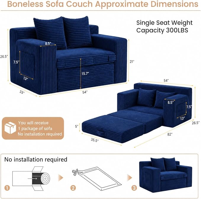 Boneless Loveseat Sofa Bed, Tri-Folding Convertible Futon Sleeper with Handle & Side Pockets, 54'' Boneless Couch with Hook and Loop No Assembly for Small Space,Living Room & Bedroom