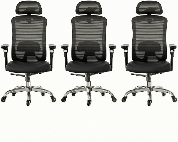 HUANUO Ergonomic Office Chair with 6D Armrest, Seat Depth Adjustment, Lumbar Support, Quiet Rubber Caster, High Back Mesh Gaming Chair with 3D Headrest, Big and Tall Chair for Home Office, Pack of 3