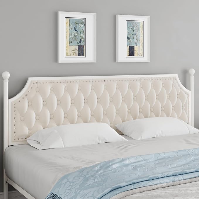 Keyluv Queen Upholstered Canopy Bed Frame with 2 Storage Drawers & Button Tufted Headboard, Metal Platform Bed with 4 Removable Posts, Two-Purpose Velvet Bed, Beige/Curtain Not Included