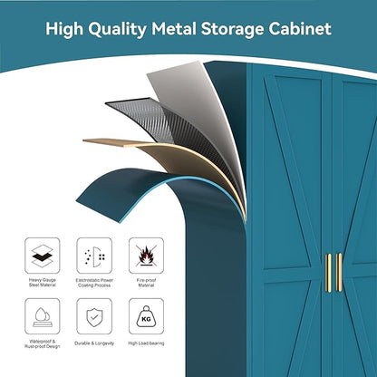 Metal Wardrobe Closet with Doors and Shelves, 71" Farmhouse Bedroom Armoire with Hanger Rod and Clothing Shelf, White Steel Wardrobe Cabinet Storage Clothes Closet