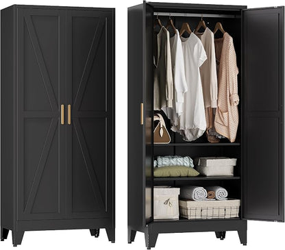 YAUWOH Farmhouse Wardrobe Cabinet,Metal Wardrobe Closet with Hanging Rod,Metal Armoire with Adjustable Shelves for Bedroom,Cloak Room,Office (Black)