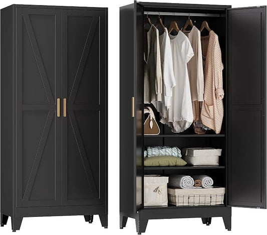 YAUWOH Farmhouse Wardrobe Cabinet,Metal Wardrobe Closet with Hanging Rod,Metal Armoire with Adjustable Shelves for Bedroom,Cloak Room,Office (Black)