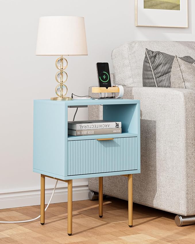 Masupu Nightstand with Charging Station,Mid-Century Modern Bedside Table with Storage Drawer and Open Wood Shelf,Small Gold Frame Side Table for Bedroom,Living Room (Blue)
