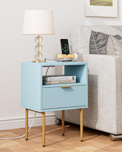 Masupu Nightstand with Charging Station,Mid-Century Modern Bedside Table with Storage Drawer and Open Wood Shelf,Small Gold Frame Side Table for Bedroom,Living Room (Blue)