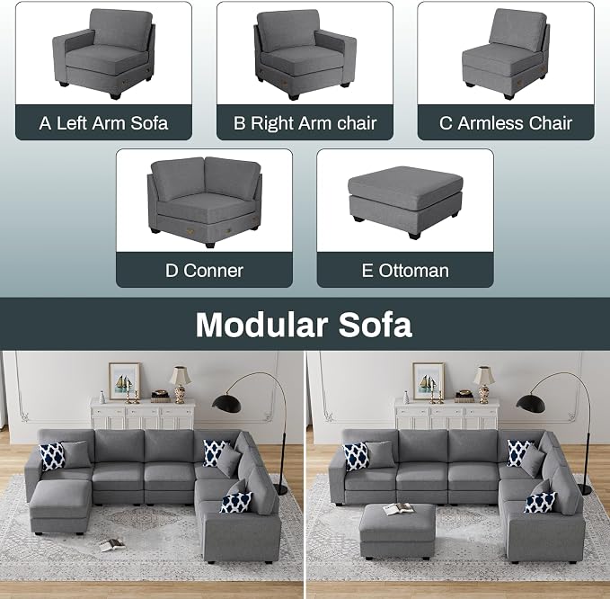 Legend Vansen Oversized Modular Sectional Sofa,U/L‑Shaped Reversible Couch with Ottoman,Deep Seat Plush Polyester Sofa for Living Room,7‑Seater,Dark Grey