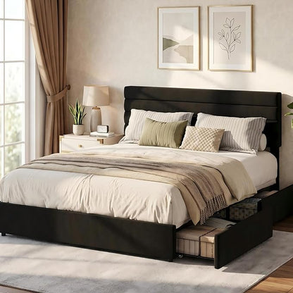 Garvee Queen Size Bed Frame, Velvet Upholstered Platform Storage Bed with 4 Drawers, Wooden Slats Support, No Box Spring Needed, Easy Assembly, Black