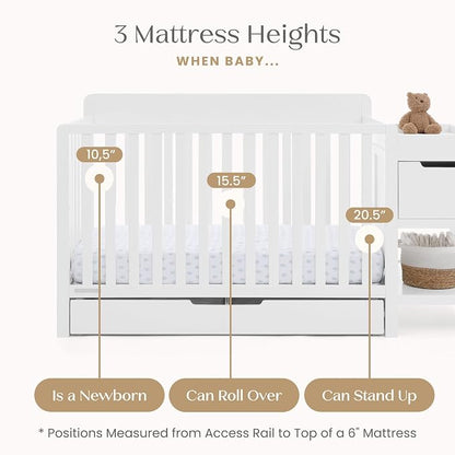 Delta Children Maya 5-in-1 Convertible Crib and Changer with Storage, Converts to Toddler Bed, Daybed, Sofa & Full Bed, Greenguard Gold Certified, 3 Mattress Heights for Baby, Bianca White