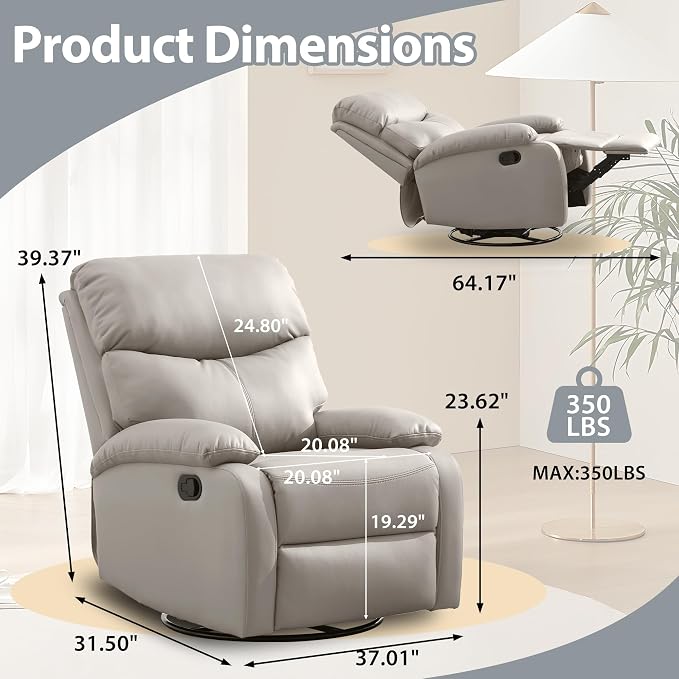 Genuine Leather Rocker Recliner Modern Manual Swivel Glider Recliner with Adjustable Backrest & Footrest Wall Hugger Swivel Rocking Recliner Chair for Modern Living Room and RV Beige