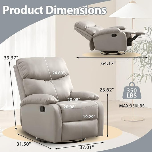 Genuine Leather Rocker Recliner Modern Manual Swivel Glider Recliner with Adjustable Backrest & Footrest Wall Hugger Swivel Rocking Recliner Chair for Modern Living Room and RV Beige