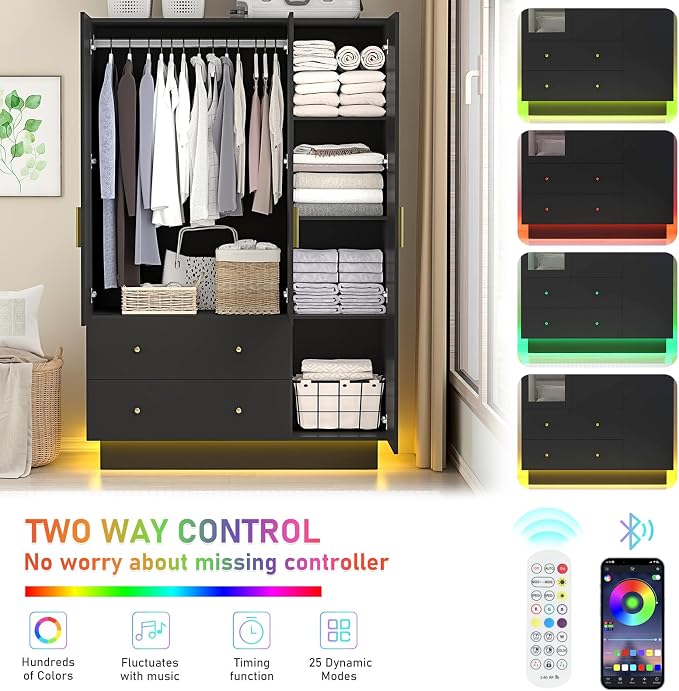 jiteentarou 3 Door Wardrobe Closet with Mirror and LED Lights, Bedroom Armoire with Drawers Shelves, Modern Wooden Armoire Wardrobe Closet with Hanging Rod for Bedroom, Black