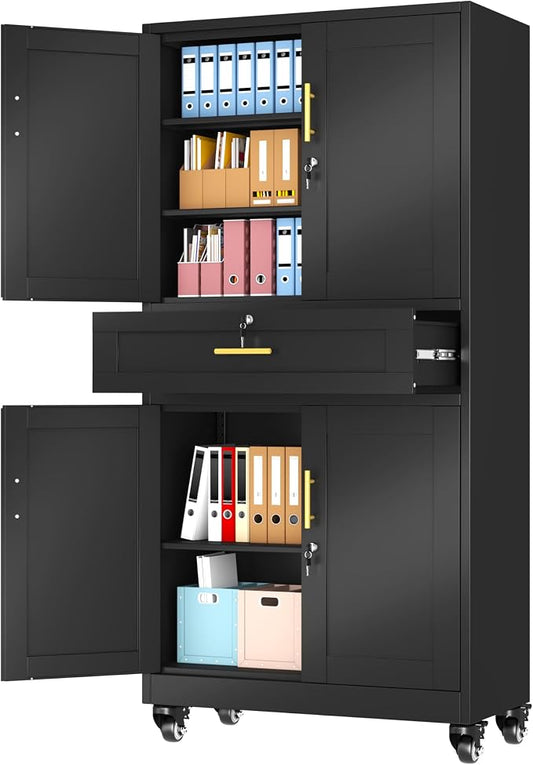 Lockable Metal Storage Cabinet, 71" Tall Black Cabinet with Wheels | Garage Storage Cabinet with Drawers, 3 Adjustable Shelves and Lock, Steel Construction – Suitable for Office, Home, School