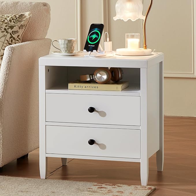 Huuger White Nightstand Set of 2, Night Stand with Charger Station, Bedside Table with 2 Drawers, Bed Side Tables for Bedroom, Modern Nightstands, Metal Knobs, Painted Surface