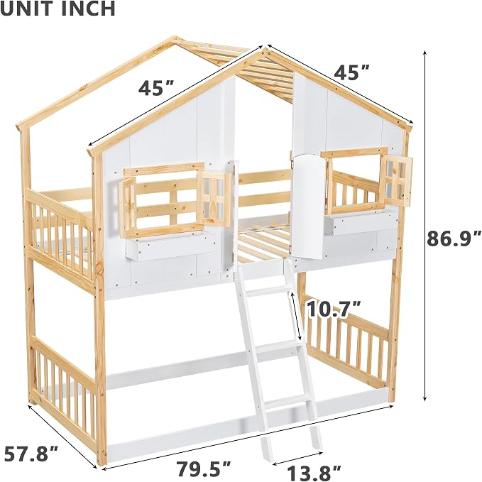 Twin over Twin House Bunk Bed with Roof,Windows,Door,Window Boxes,Safety Guardrails & Ladder,Pine Wood Frame,Low-Height Kids Bunk Beds for Bedrooms,Playful Loft Bed with Easy Assembly, Natural+White