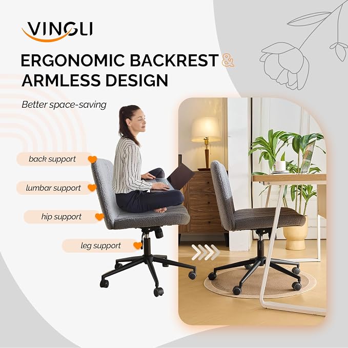 VINGLI Criss Cross Legged Chair,Wide Comfy Office Desk Chair,Dual-Use with/no Wheels Computer Task Chair,Swivel Armless Vanity Boucle Chair for Study,Make Up,Home Office,Teddy Fleece,Dark Grey