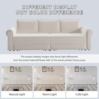 93.7" King Pull Out Sofa Bed, Velvet Sleeper Sofa Couch, 3 in 1 Convertible Futon Couches for Living Room, Small Space, Apartment, Office, Bedroom, Modern Rivet Armrest, Beige