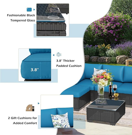 U-MAX 7 Piece Outdoor Patio Furniture Set, PE Rattan Outdoor Wicker Sectional Furniture Chair Set with Cushions and Tea Table, Black Rattan and Peacock Blue Cushion