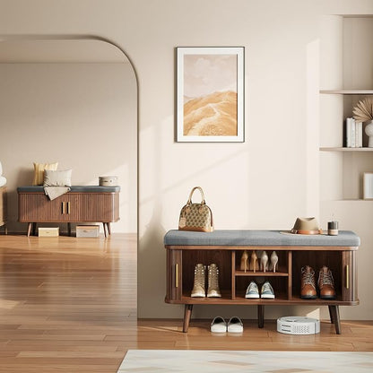 Decofy Shoe Storage Bench with Cushion and Sliding Doors, 39 Inch Shoe Bench with Storage, Freestanding Entryway Bench with Shoe Storage, with Solid Wood Legs, for Hallway & Entrance Hall, Walnut