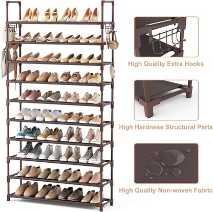 VTRIN 10 Tiers Shoe Rack Tall Large Capacity Wide Shoe Organizer Sturdy Shoe Shelf for Entryway with Two Hooks Metal Shoe Storage for Closet, Bedroom, Brown
